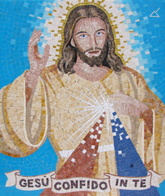 Mosaico sacro - Cristo misericordia 2016, marmo,vetro e okite, 77x90 cm