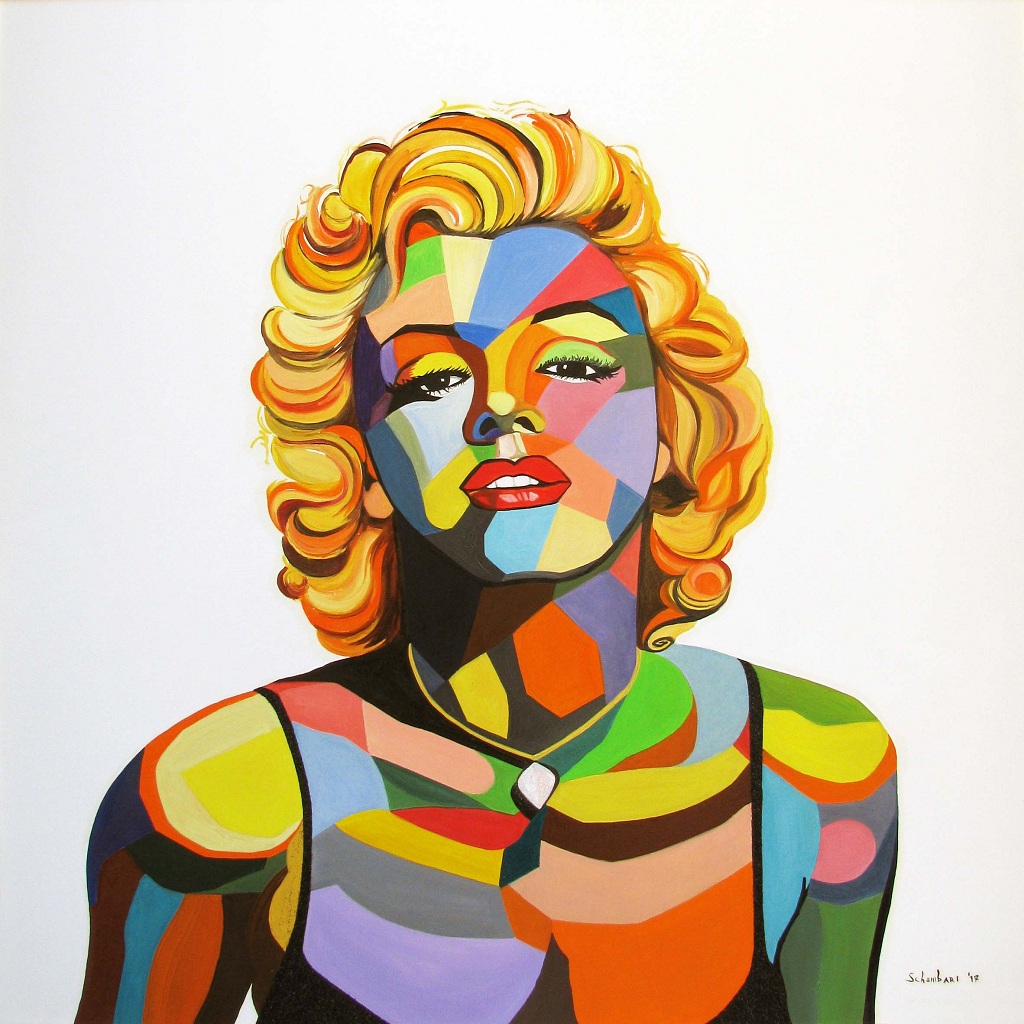 dipinto serie arlecchino Marilyn 1° scatto 2017, olio su tela, 95x95 cm