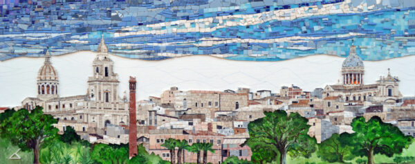 Mosaico serie mista - Comiso, l'arte e il fascino della pietra che vive... 2016,tecnica mista su tavola 220x90 cm
