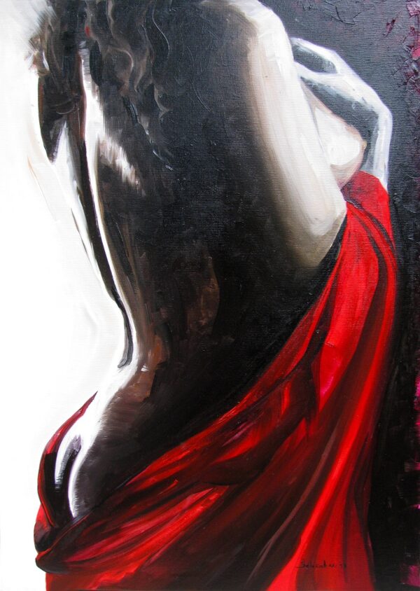 Dipinto serie mista Nudo con raso rosso 2013, olio su tela, 48,7x67,7 cm