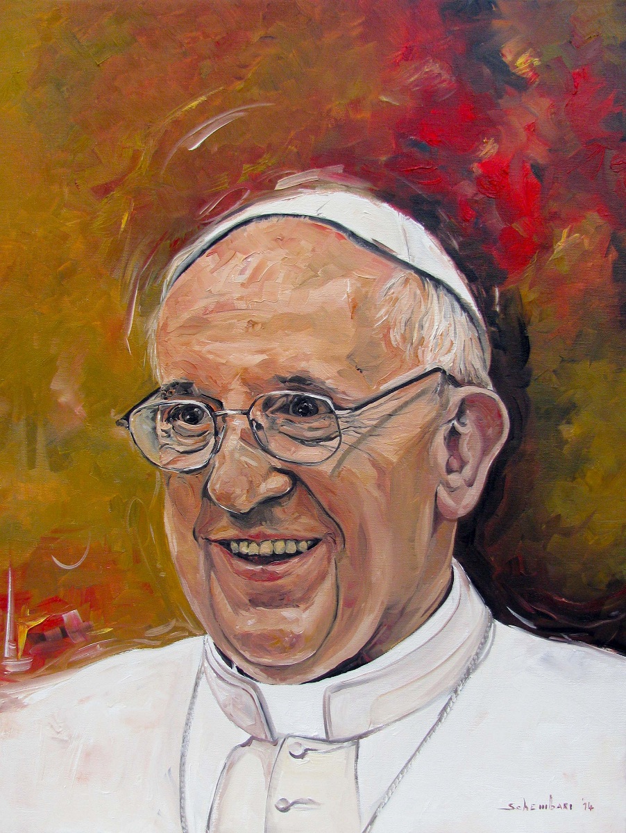 Dipinto serie mista Papa Francesco 2014, olio su tela, 53x70 cm