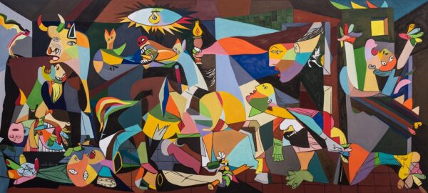 Dipinto serie Arlecchino s08 GUERNICA, omaggio a Picasso 2018, olio su tela, 200x90 cm