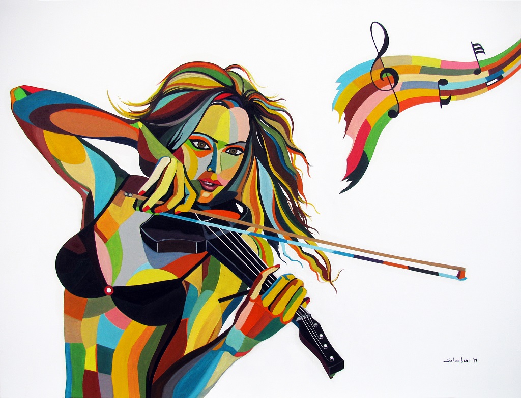 Dipinto serie arlecchino, t06 Violinista sensual 2019, olio su tela, 112x86 cm