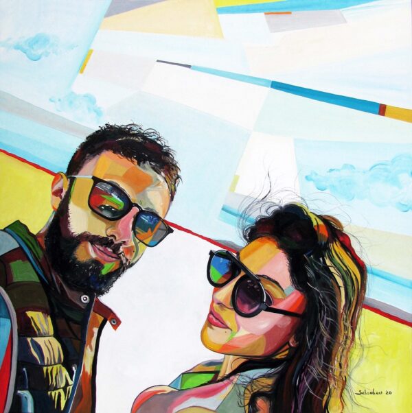 La linea dell'amore, Andrea e Simona 2020, olio su tela, 73,4 x 73,4 cm