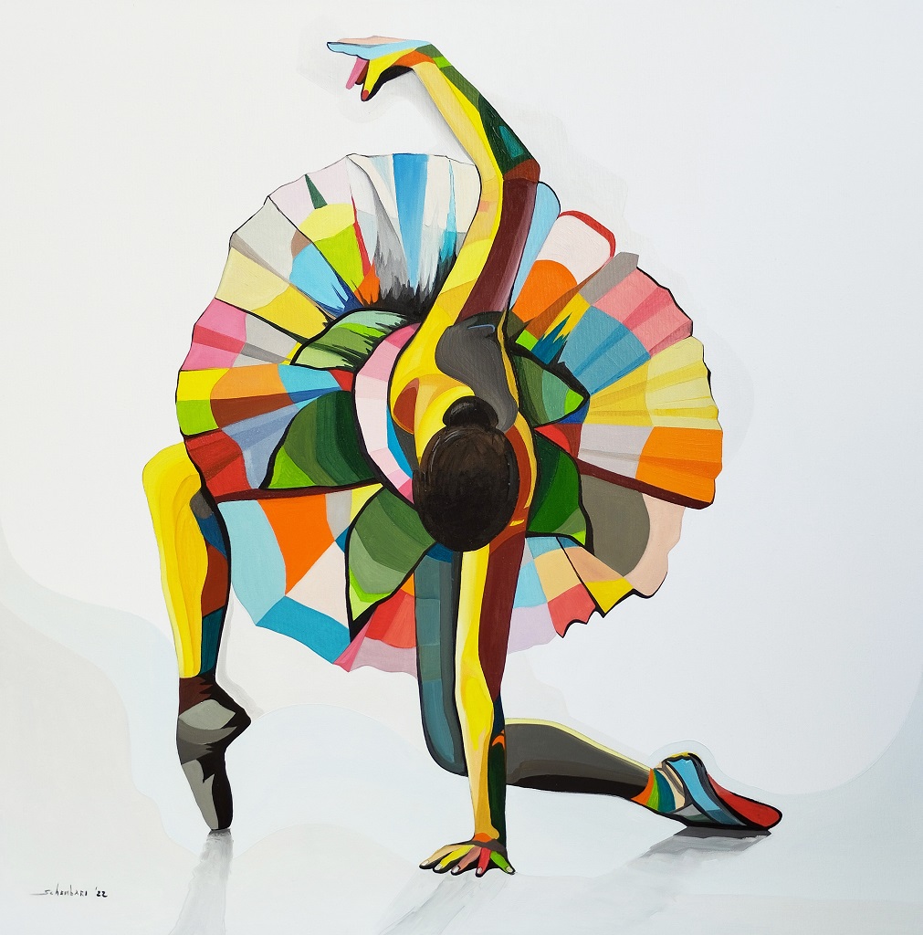 Dipinto, serie arlecchino Dancing, 2022, olio su tela, 91x91 cm